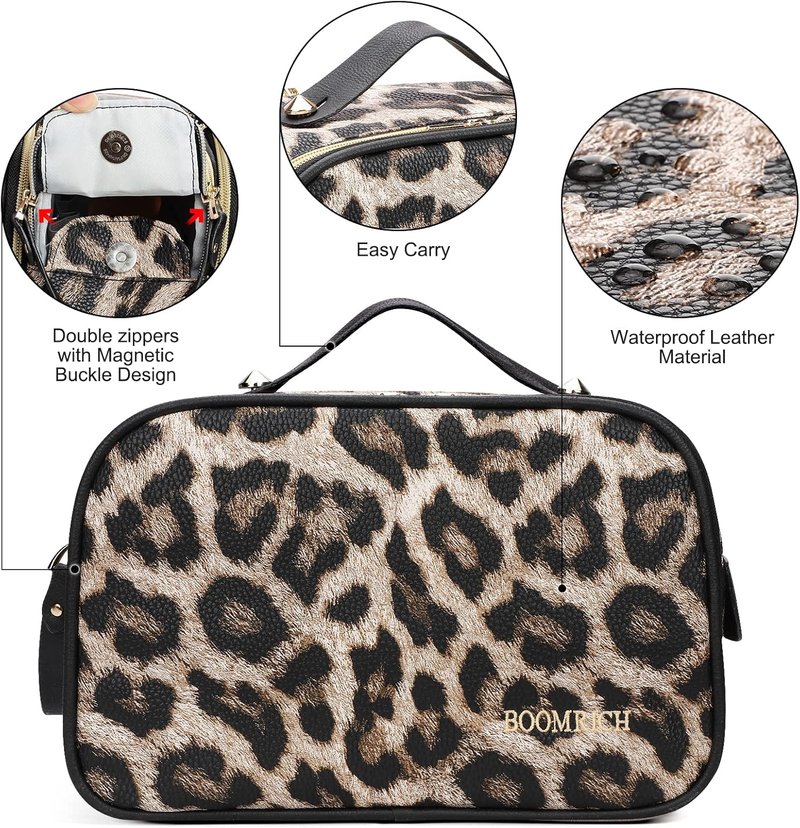 Large Travel Makeup Bag - Water-Resistant Leather Toiletry Organizer | Leopard Print Design