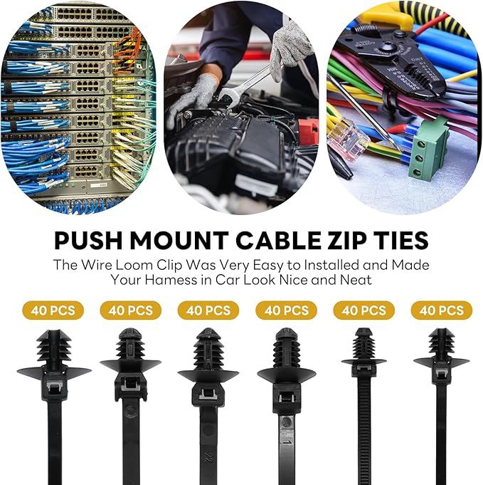 Semrien 240 Pcs Push Mount Cable Ties Assorted Sizes, Black Nylon Push Mount Zip Ties Wire Harness Clips, 6-Types Snap in Zip Ties Self Locking Automotive Wire Ties for Wire Tying, Automotive