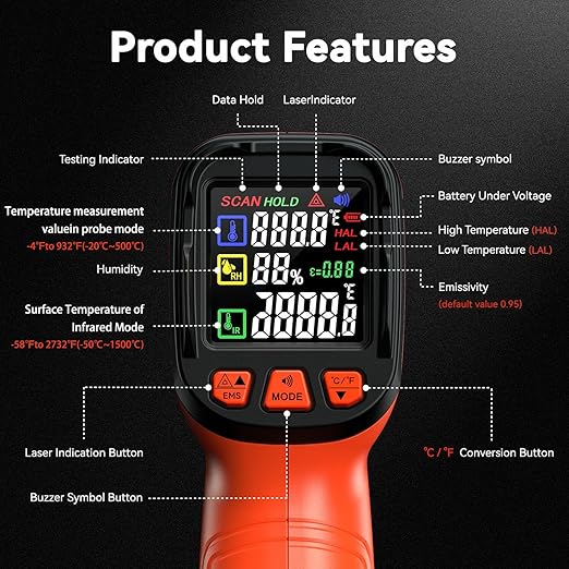 Surpeer -58°F to 2732°F Infrared Thermometer IR Laser Gun 50:1, Digital Temperature Gun/K-Type Probe -4°F~932°F, Humidity Sensor, High-Temp Pyrometer for Kiln, Forge, Furnace, Industrial Use