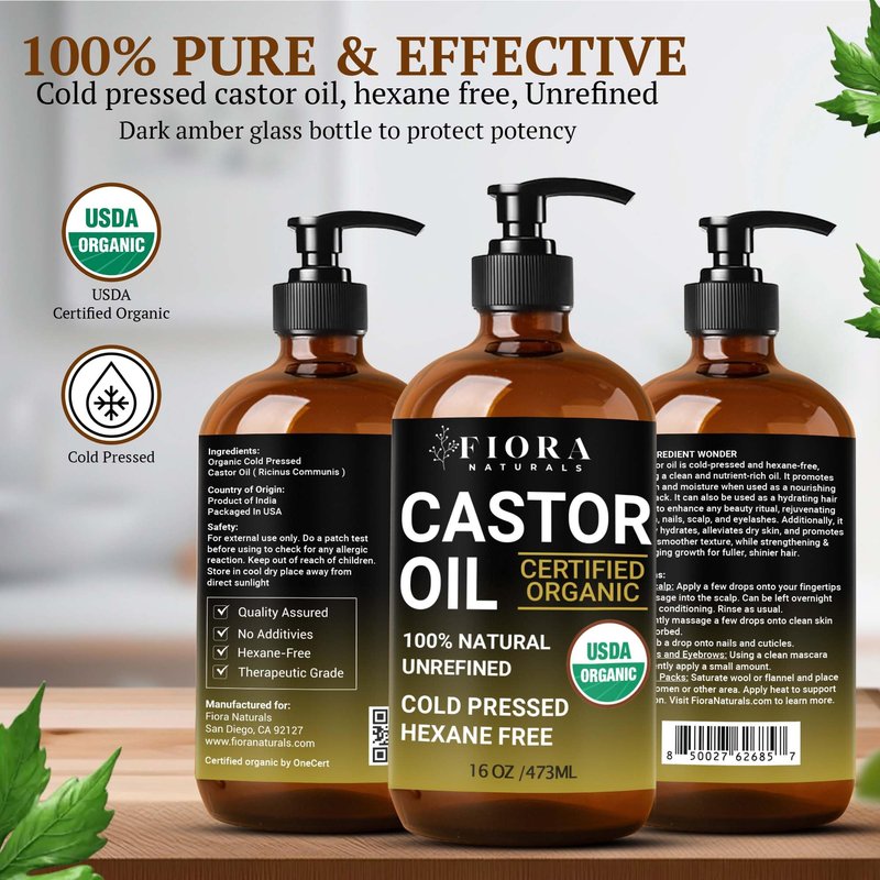 Fiora Naturals Organic Castor Oil in Glass Bottle – 16 Oz Cold Pressed & Hexane-Free – USDA Certified – Skin Moisturizer, Hair Growth Oil For Lashes, Brows, Skin & Scalp – with Pump