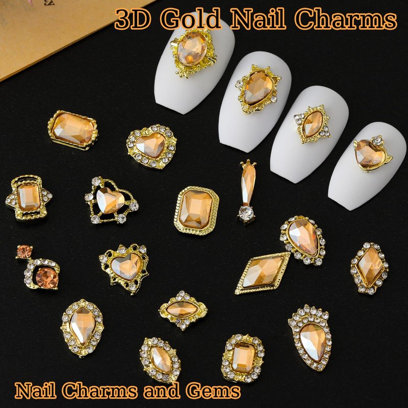 ZUMILLMN Gold Nail Charms, Gold Nail Charms, 20Pcs 3D Nail Charms 20 Styles Metal Nail Art Charms Champagne-Color Gem Charms for Nails（Champagne-Color Gem）