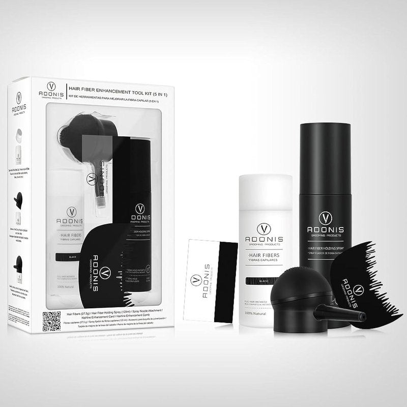 Adonis 5-in-1 Hair Fiber Kit | All-Natural Keratin Fibers, Spray & Applicator for Thinning Hair - Black