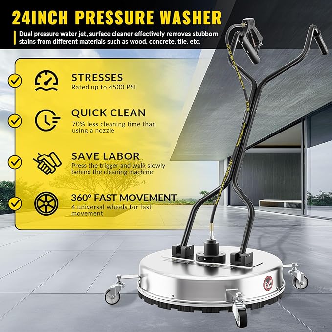24 Inch Pressure Washer Surface Cleaner with 4 Wheels,Dual Handle,Stainless Steel Housing,4500 PSI Power Washer Accessory for Concrete, Patio, Sidewalk, Deck, Driveways and Daily Washing