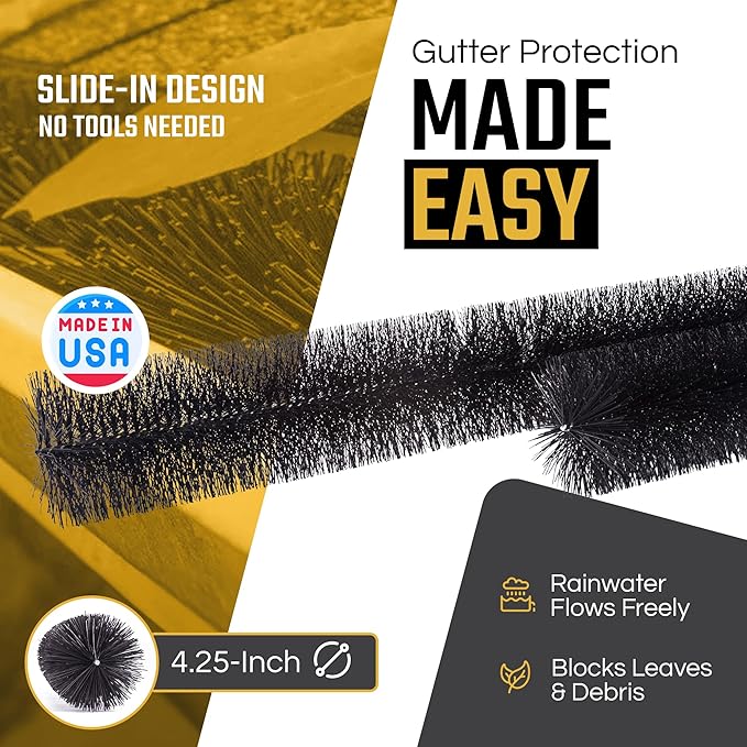 GutterBrush Gutter Guard 4.25-Inch Diameter – 90 Ft - DIY Leaf Filter for Small Gutters | No Tools Needed, Easy Install | Prevents Clogs & Reduces Cleaning | Made in USA