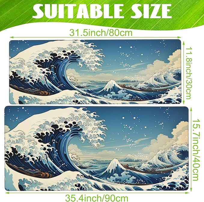 Eflxamz Desk Mat,Blue Japanese Sea Wave Desk Pad,Japanese Sea Wave Large Gaming Mouse Pad for Desk,Extended Big Computer Keyboard Mouse Pad with Non-Slip Base and Stitched Edge,35.4"x15.7"