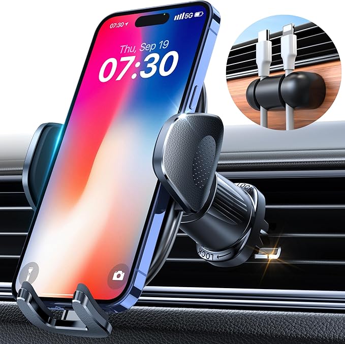 YRU Phone Holders for Your Car [2026 Upgraded Military Metal Hook], Cellphone Holder Car[No Fear of Bumps] Vent Phone Mount Truck Compatible with iPhone17 16 15 14 13 12 Samsung Android, Jet Black