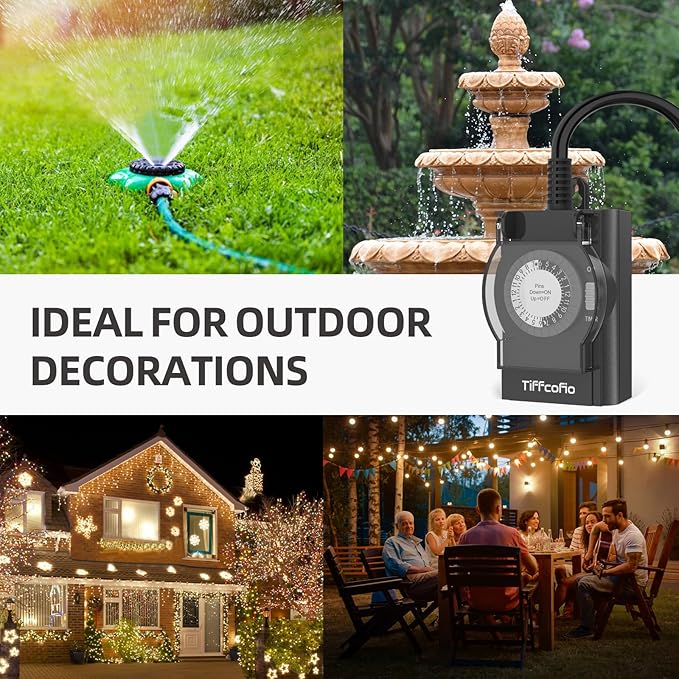 TiFFCOFiO Outdoor Timer Outlet Waterproof, 24 Hour Mechanical Light Timer Outdoor, 2 Grounded Outlets for Home and Garden, 15A 1/2HP, Heavy Duty, ETL Listed (1 Pack)