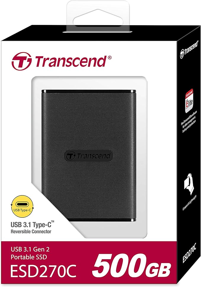 Transcend ESD270 500GB External SSD for iPhone16/15/iPad/Mac/Windows/Android, PC/Laptop/Tablet/TV/Game Console, Portable SSD with One Touch Back up, One-Time Password Unlock, Type A &Type C Cables