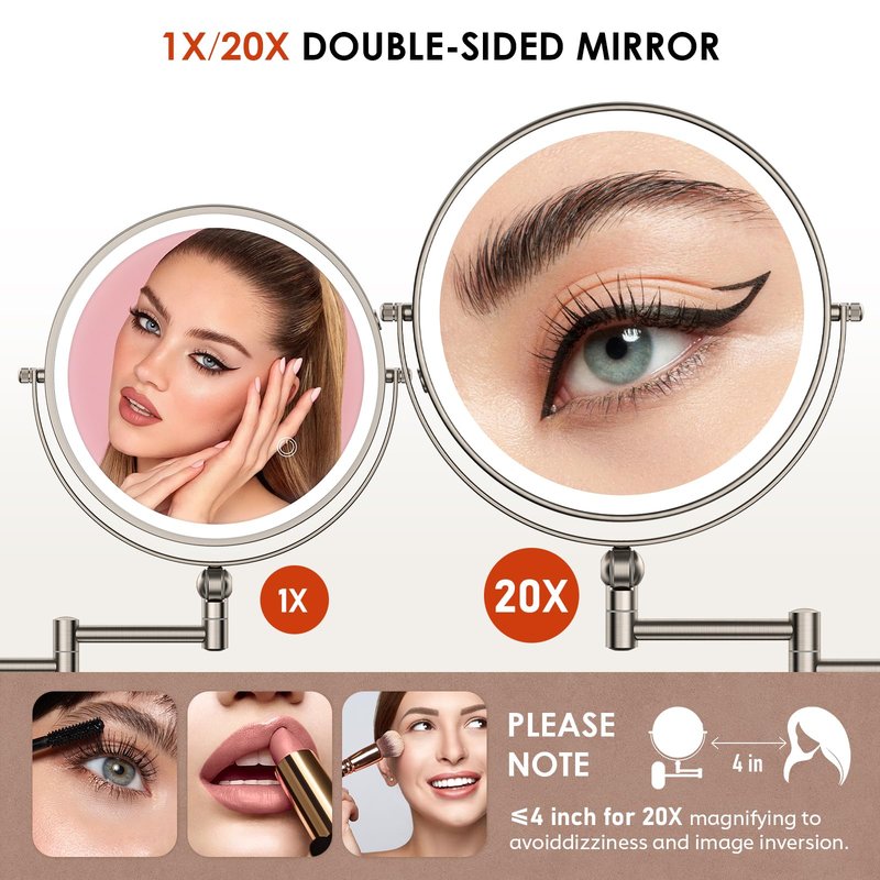 ZLOKLA 9" Wall Mounted Lighted Makeup Mirror,4000mAh Rechargeable Double Sided 1X/20X Magnifying Mirror with Light,Touch Dimmable,Extended Arm 360 Rotation Wall Mounted Makeup Mirror 3 Color Lights-N