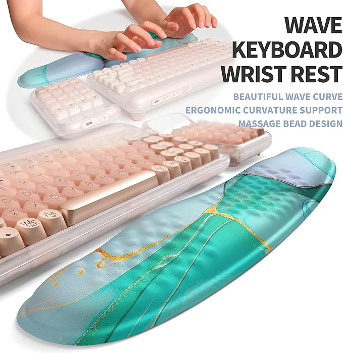 Gleamtide 2-in-1 Ergonomic Set, Wave Keyboard Wrist Rest and Massage Slope Mouse Pad Wrist Support, Rebound Memory Foam for Relieve Carpal Tunnel Syndrome and Wrist Pain (Green Gold Marble)