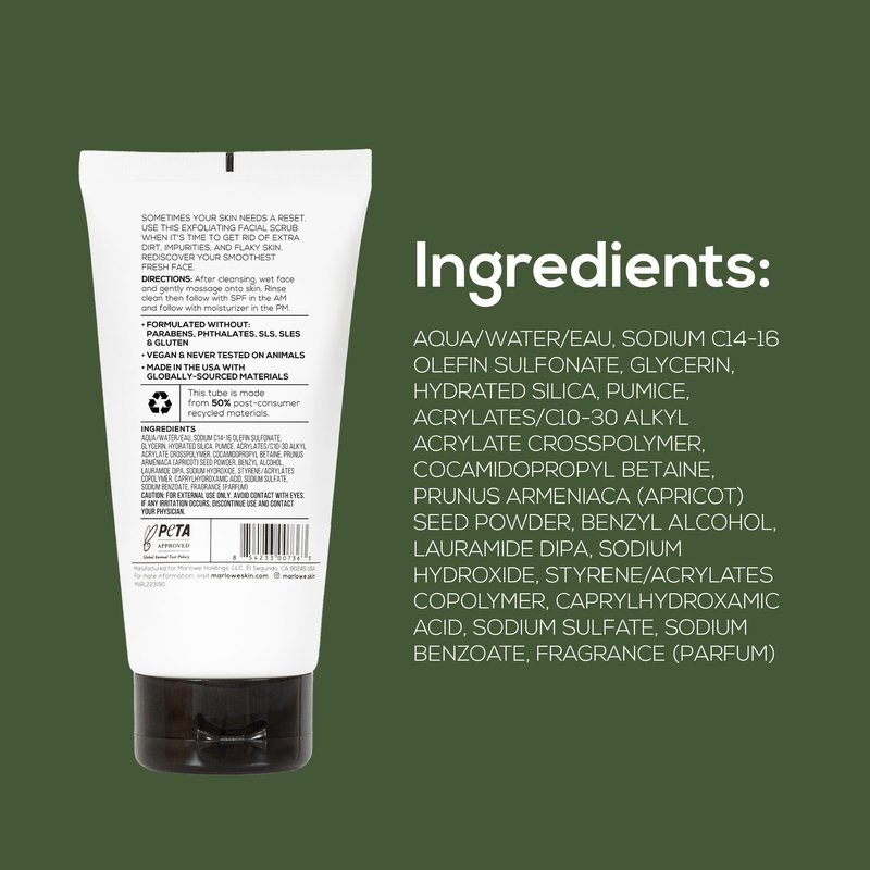 MARLOWE. Facial Scrub for Men, 6 oz, Exfoliating & Refreshing Gentle Face Exfoliator, Cleanses, Smooths, Revitalizes Skin, Clean Vegan Formula with Apricot Seed Powder & Pumice, Fresh Sage & Fir Scent
