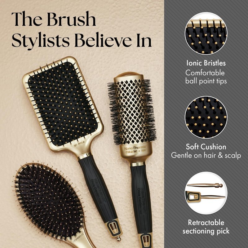 Olivia Garden Ceramic + Ion NanoThermic Styler Hair Brush - Daily Styling for All Hair Types - With Retractable Sectioning Pick, NT-PDL (Large Paddle)