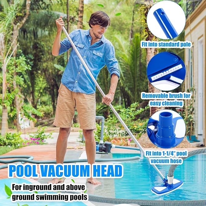 Pool Vacuum Kit Swimming Pool Vacuum Head with 1-1/2" x 30 ft Hoses Flexible Head with Wheels and 14 '' Cleaning Brush for Inground Swimming Supplies (Classic)