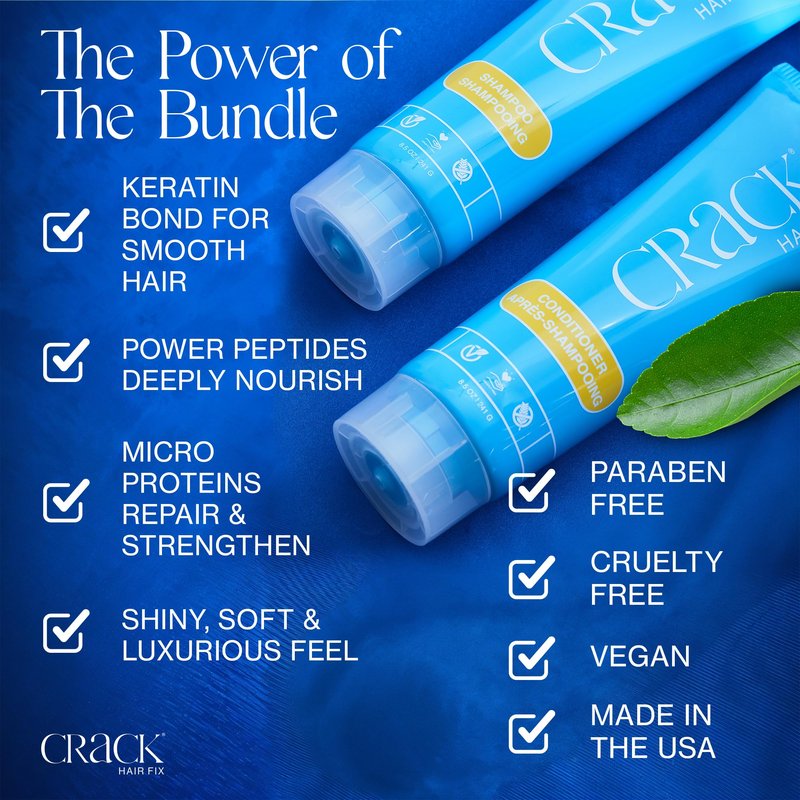CRACK HAIR FIX Shampoo and Conditioner Set, 8.5 oz Each | Anti-Frizz Hair Products for Damaged Hair, Bond Repair, Curl Care, Humidity Control, and Color Protection