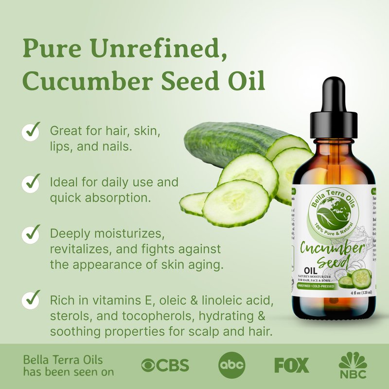 Bella Terra Oils - Cucumber Seed Oil 16oz - A Tribute to Cucumber's Vitality, Packed with Silica & Tocopherols, An Essential for Radiant Skin