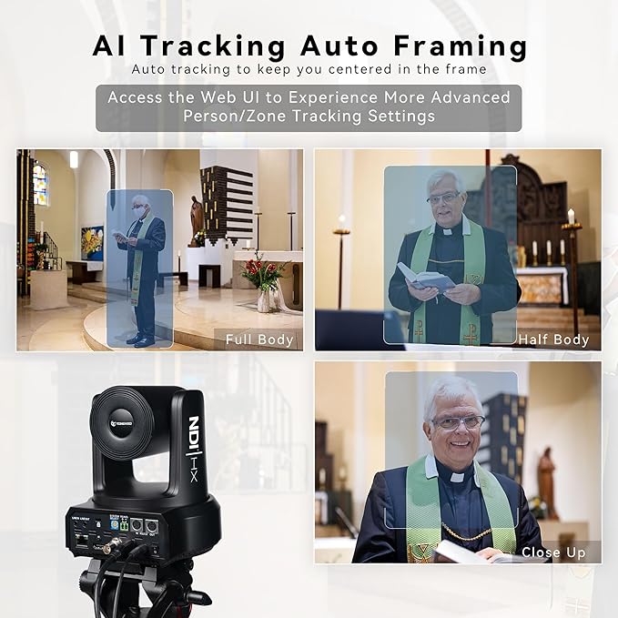 TONGVEO NDI AI Auto-Tracking IP PTZ Camera SDI/HDMI/USB3.0/LAN PoE 30X Optical + 8X Digital Zoom 1080P 60fps for Live Streaming Church Services Education Video Conference with OBS vMix and More