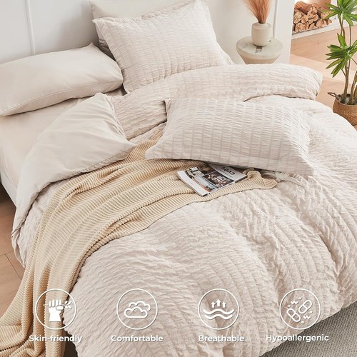 HYMOKEGE California King Comforter Set - 7-Piece All-Season Luxury Bedding in Beige