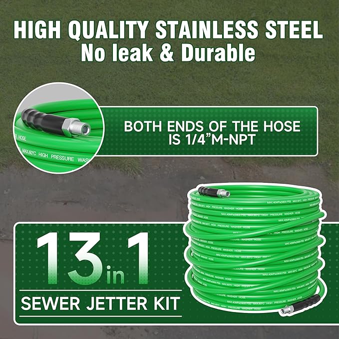 Sewer Jetter Kit for Pressure Washer 150FT â 5800PSI High-Pressure Drain Cleaner, M22 & 1/4'' NPT Universal Fit, Unclog Gutters & Sewer Lines, Durable Jetter Hose for Homeowners & DIYers