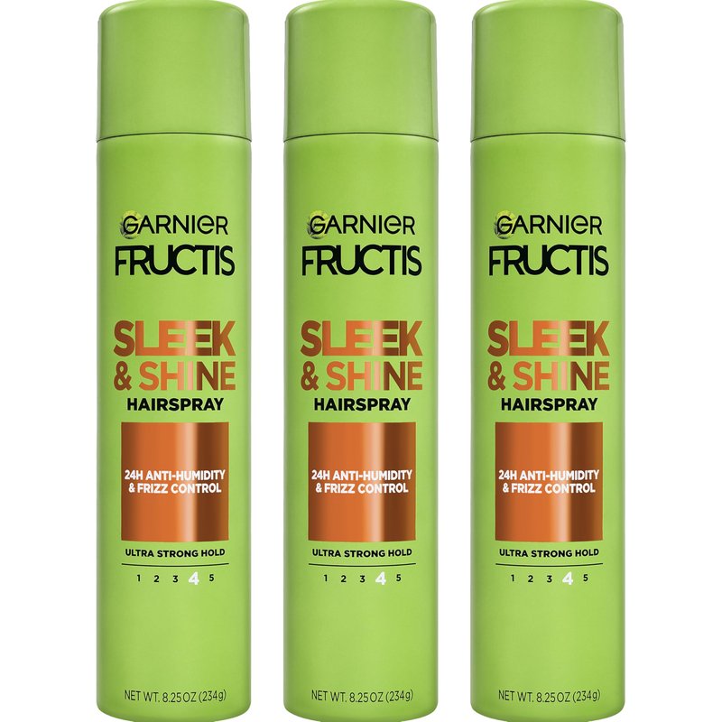 Garnier Fructis Style Sleek and Shine Anti-Humidity Hairspray, Ultra Strong Hold, Frizz Protection 8.25 Oz, 3 Count (Packaging May Vary)