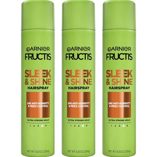 Garnier Fructis Style Sleek and Shine Anti-Humidity Hairspray, Ultra Strong Hold, Frizz Protection 8.25 Oz, 3 Count (Packaging May Vary)