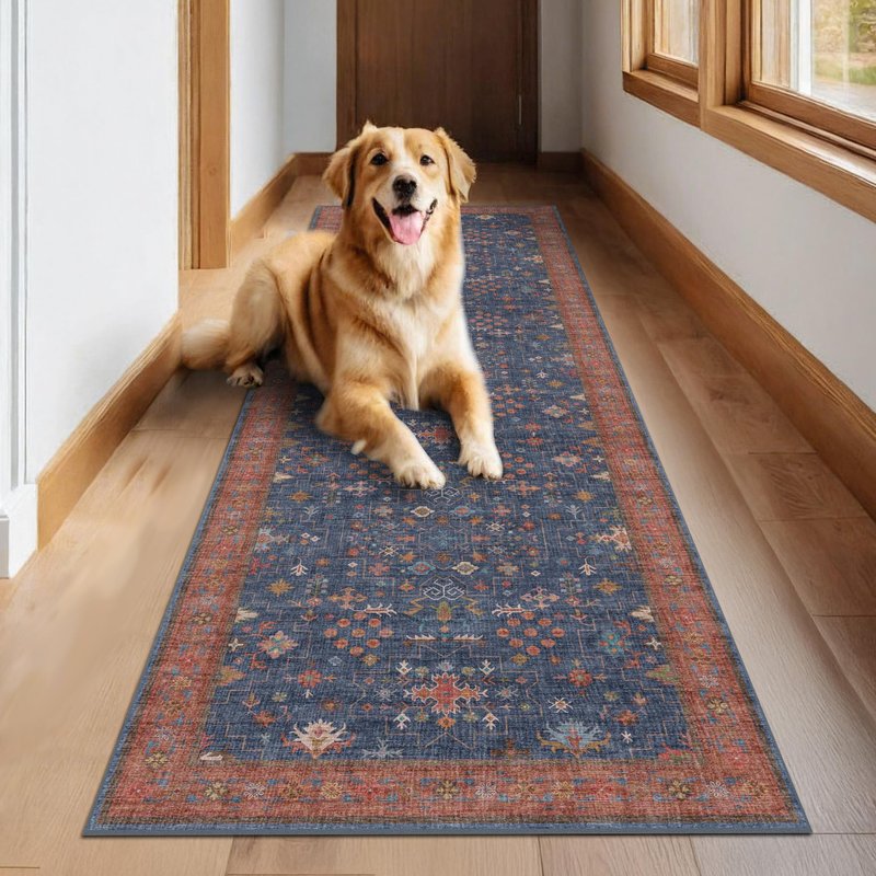 Washable 10 ft Long Runner for Hallway - Navy Blue Kitchen Floor Runner Rug, Pet Friendly Waterproof Non Slip with Rubber Backing, Stain Resistant Laundry Room Rug (3x10 Navy Blue & Terracotta)