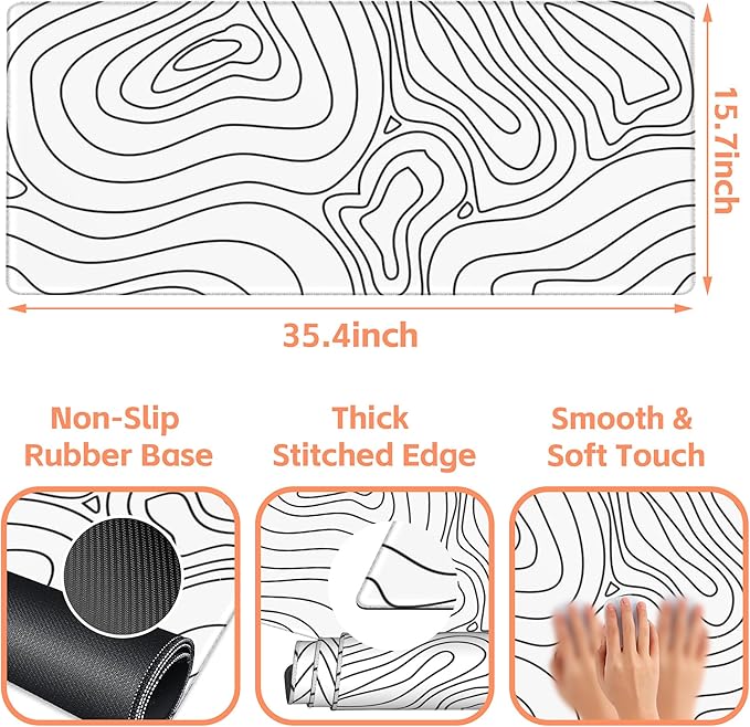 NIYLYNSYN Mouse Pad Large Topographic Contour Map Non-Slip Game Desk Mat with Stitched Edge Laptop Keyboard Desk Pad for Work Home Gaming (35.4 x 15.7 Inches)