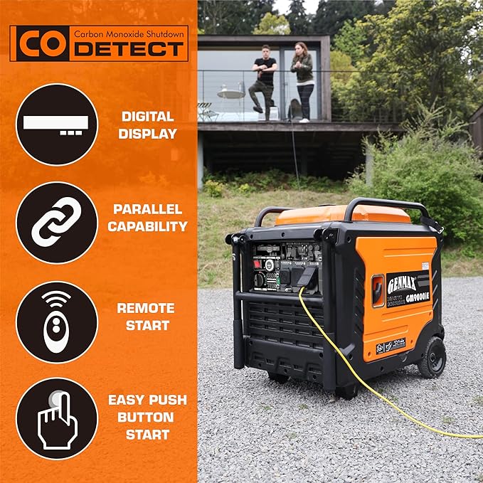 GENMAX Portable Generator, 9000W Super Quiet Gas Powered Engine with Parallel Capability, Remote/Electric Start, Digital Display,EPA Compliant，CO Alarm Ideal for Home Backup Power (GM9000iE)