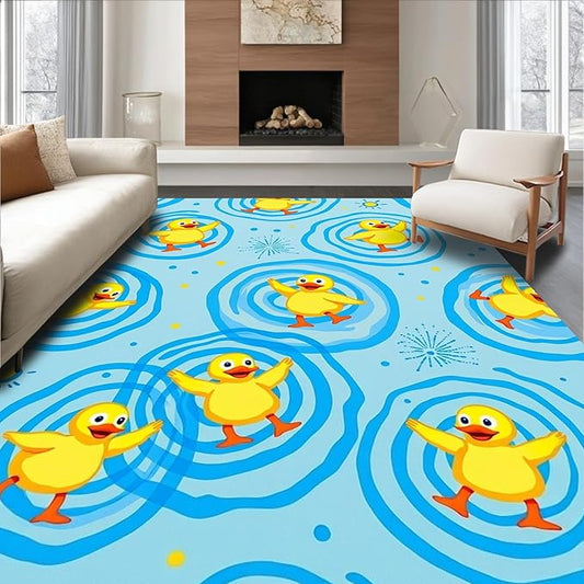 Flatwoven High Traffic Area Rug 2x3, Quirky Farmyard Dance with Splashing Pond Motif, Non Slip, Stain Resistant, Washable Area Rugs for Living Room, Bedroom (Yellow, 2x3)