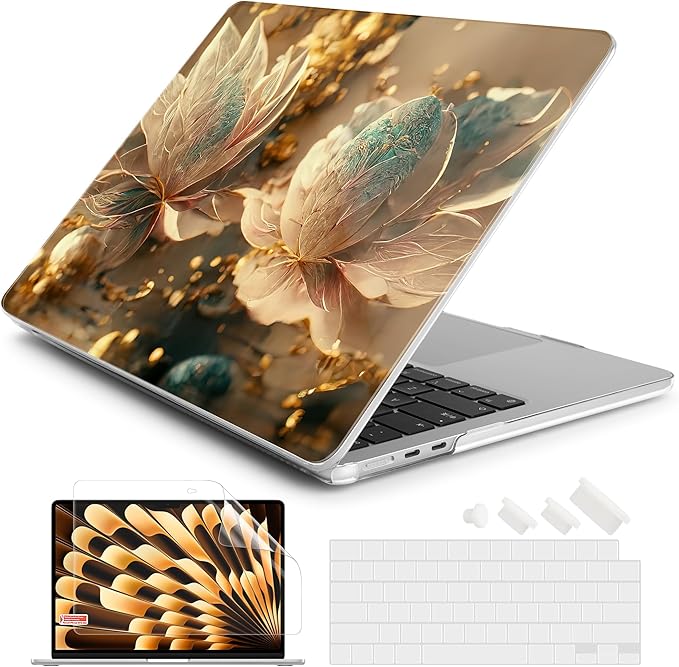 Batianda Premium Case for New MacBook Air 15 inch with M5 M4 M3 M2 Chip 2026 2025 2024 2023 Release, Designed Ultra-Slim Hardshell & Keyboard Cover & Screen Protector 4-in-1 Bundle, 3D Flower