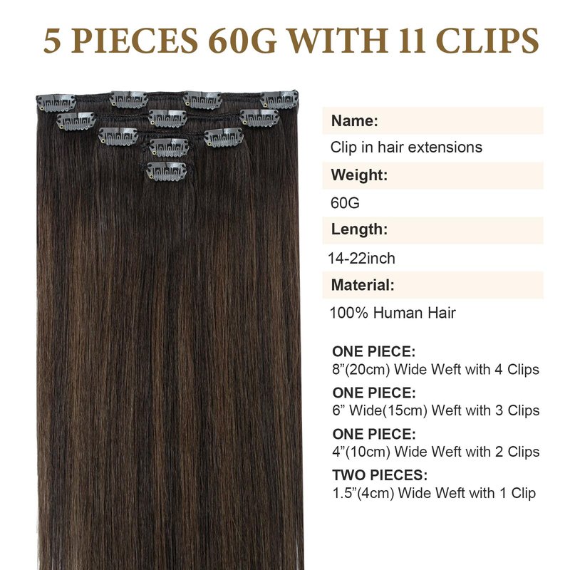 Ombre Hair Extensions Clip in Human Hair Remy Brazilian Clip on Real Human Hair Invisible Double Weft Balayage Dark Brown to Chestnut Brown 20 Inch 60G 5 PCS Natural Straight Clip ins Hair for Women