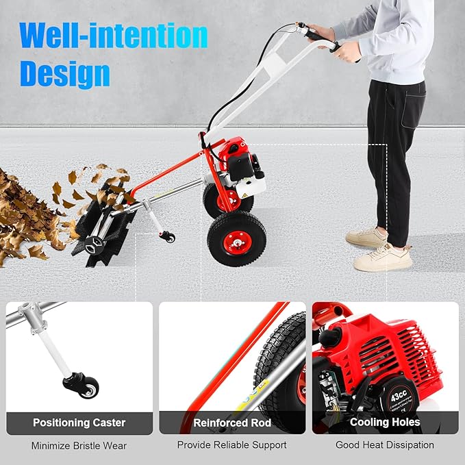 43CC 2-Stroke Gas Push Lawn Sweeper Broom, 1.7 HP Walk Behind Hand Snow Sweeper Handheld Broom Portable Driveway Turf Grass Cleaning Tool for Garden Yard Sidewalk