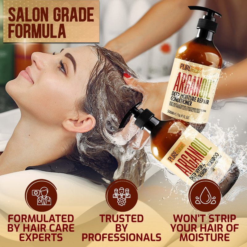 PURE NATURE Moroccan Argan Oil Shampoo and Conditioner and Hair Serum with Biotin, Castor, Rosemary Oil