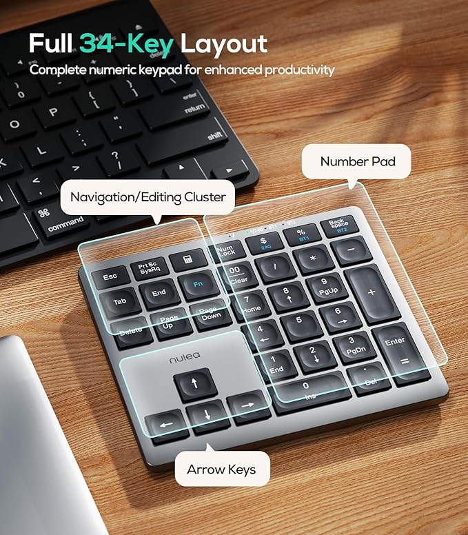 Nulea Wireless Number Pad Bluetooth 5.0 & 2.4G Portable Numeric Keyboard, USB-C Rechargeable, 34-Keys Bluetooth Keyboard for Data Entry, Compatible for Laptop, Mac, iMac, Tablet, PC Desktop