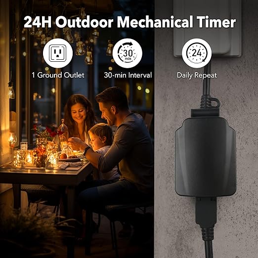BN-LINK 24 Hour Heavy Duty Mechanical Timer, Outdoor Timer Outlet Waterproof with 30 Minutes Intervals, 1 Grounded Outlets for Christmas Lights Pool Pump,15A 1/2HP, ETL Listed（2 Pack）