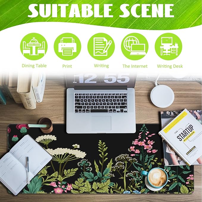 Eflxamz Large Gaming Mouse Pad for Desk,Wildflowers Night Desk Mat,Wild Floral Flower Desk Pad,Extended Big Computer Keyboard Mouse Pad with Non-Slip Base and Stitched Edge,31.5"x11.8"