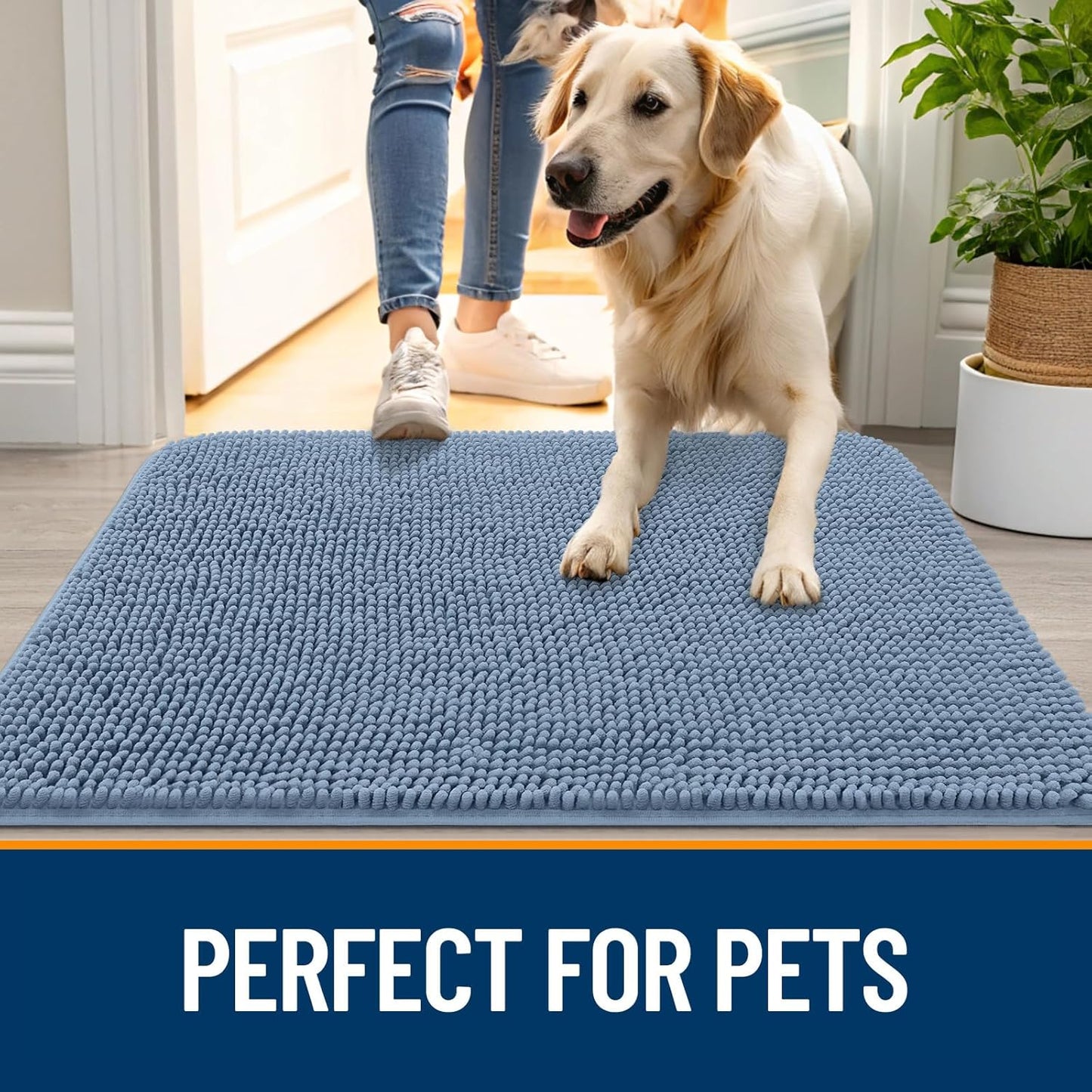 OLANLY Dog Door Mat - Absorbent Non-Slip Chenille for Muddy Paws | Quick Dry 47x20, Airy Blue
