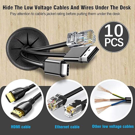 2-3/8" Black Desk Grommet, JTemgle Flexible Cable Grommet Rubber Cable Hole Cover Wire Organizer Caps Desktop Cord Management for Home Office TV Stands Tabletops, 10 Pieces