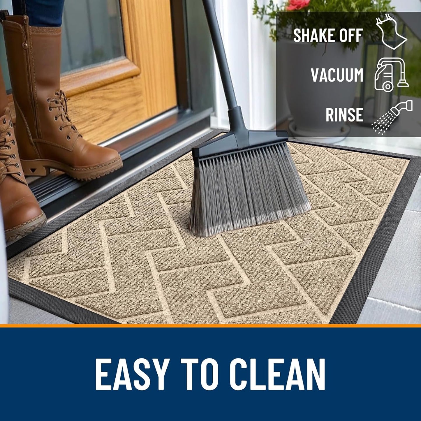 OLANLY Indoor Outdoor Front Door Mat - Waterproof All-Season Herringbone Design | Easy Clean, 47x32 Beige