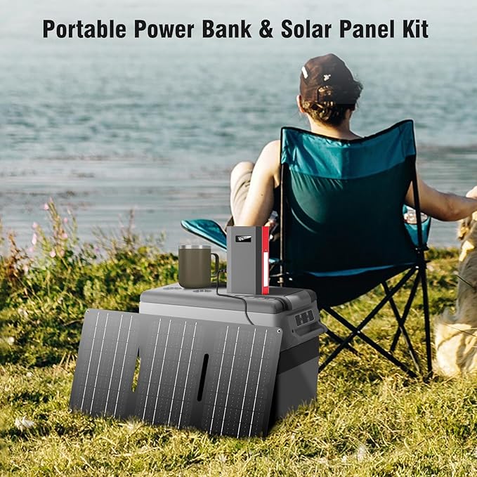 Solar Power Bank with AC Outlet 110V 65W, 100W USB C Power Bank Fast Charging Battery Pack with 30W solar charger Panel Foldable for Laptop Smart Device Outdoor Hiking fishing Power Outage Backup