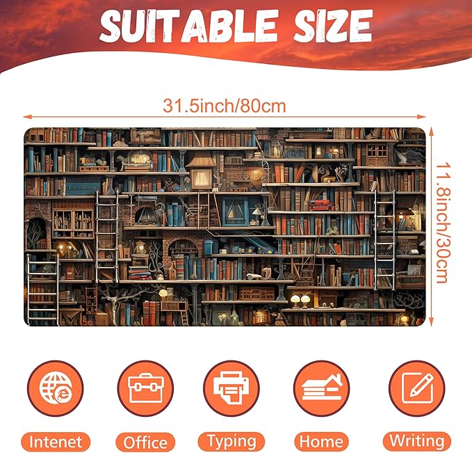 KOAIWPAE Desk Pad, Fantasy Shelves Desk Mat, Shelves Full of Books Large Gaming Mouse Pad for Desk, 31.5"x15.7" Extended Big Computer Keyboard Mouse Pad with Non-Slip Base and Stitched Edge