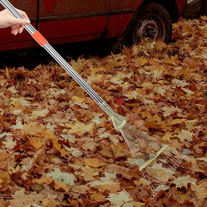 Luxshiny 18-Tooth Retractable Stainless Steel Garden Rake with Extendable Handle 80cm for Lawn and Leaf Cleaning, Heavy Duty Metal Rake for Soil Leveling and Yard Maintenance
