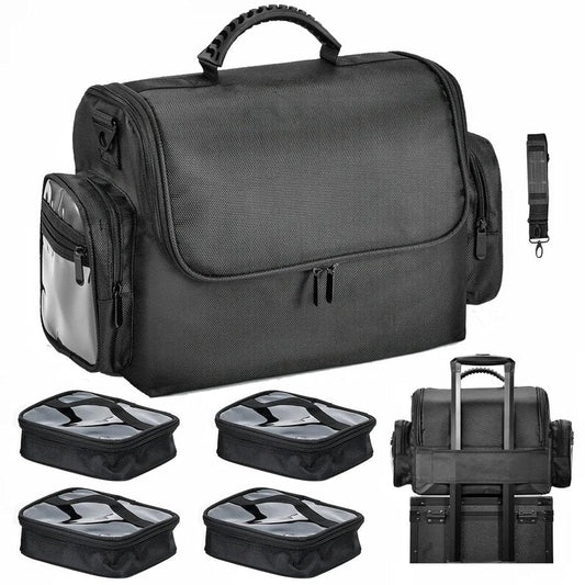 Professional Makeup Bag - Large Cosmetic Organizer with Brush Holder & 4 Clear Bags | Travel Storage with Shoulder Strap & Dividers