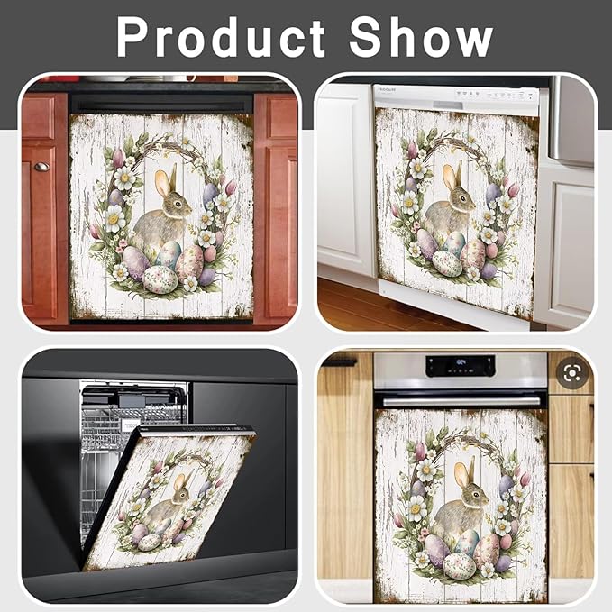 Easter Bunny Dishwasher Full Door Magnetic Sticker Home Appliances, Easter Eggs Refrigerator Magnet Skin Cover, Spring Wreath Magnetic Dishwasher Panel Cover - (23" x 26" Magnetic)