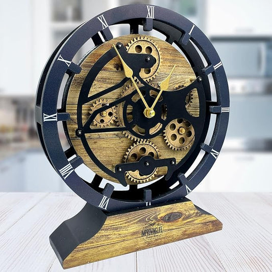 ImprovingLife The Gears Clock Desk Clock 10 inches with Real Moving Gears Convertible into Wall Clock (Gold Antique)
