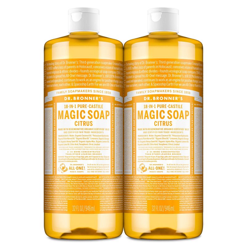 Dr. Bronner's Magic Soap-Pure-Castile Liquid Soap (Citrus, 32oz, 2-Pack)-Regenerative Organic Certified Oils, 18-in-1 Uses: Body, Hair, Laundry, Pets & Dishes, Concentrated, Vegan, Non-GMO