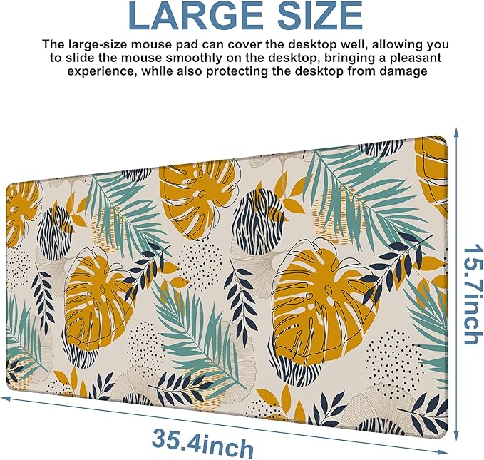 NITAHHHY Large Mouse Pad Palm Leaves Gaming Desk Pad Computer Keyboard Non-Slip Waterproof Mouse Mat with Rubber Base and Stitched Edges Entertainment Office Writing Desk Mat 35.4 x 15.7 Inches