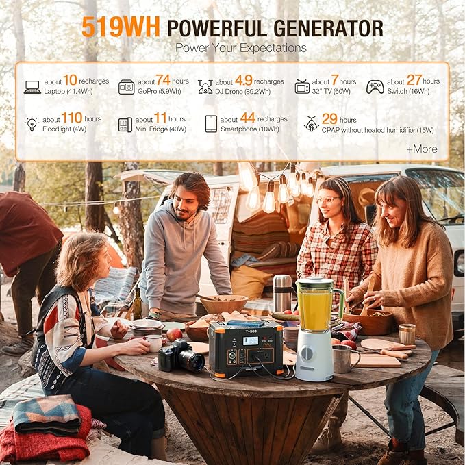 Portable Power Station 500W(Peak 1000W), 519.48Wh Outdoor Solar Generator with 2 AC(120V) Outlets, 10 Ports Powerhouse with USB-C PD Fast Charging for Travel, RV Camping, Off-Grid Living, Emergency