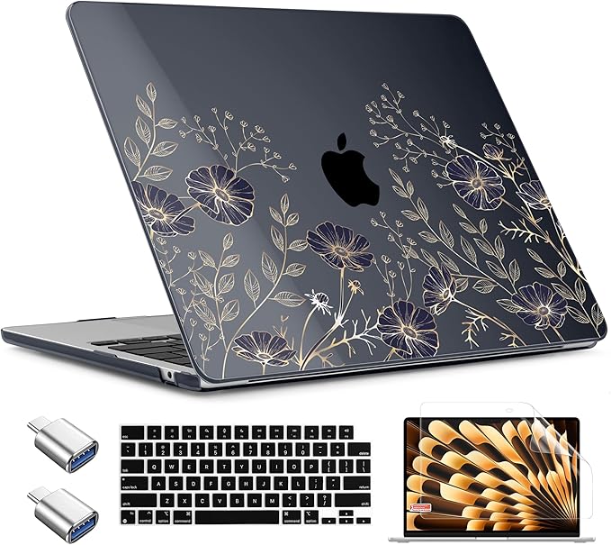 TWOLSKOO for MacBook Air 13 inch Case M5 2026 M4 2025 M3 M2 2024-2022 A3449 A3240 A3113 A2681, Plastic Hard Shell & Keyboard Cover & Type C for MacBook Air 13.6 inch Case, Golden Flowers
