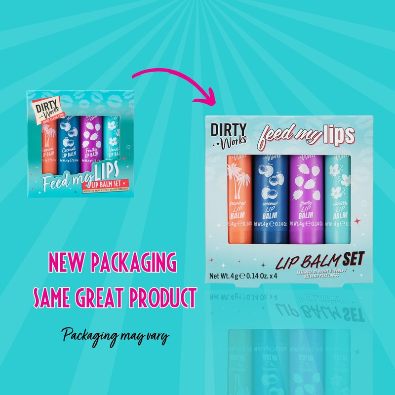 Dirty Works Feed My Lips, Lip Balm Set, 4 x 4g Nourishing, Hydrating Lip Salve Tubes Gift Set, Variaty of Fruity and Flavours