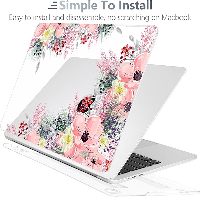 Batianda Premium Case for New MacBook Air 15 inch M5 2026 M4 2025 M3 2024 M2 2022 Model, Ultra Slim 1.2mm Glossy Protective Plastic Hardshell & Keyboard Cover & Screen Protector, Beautiful Floral